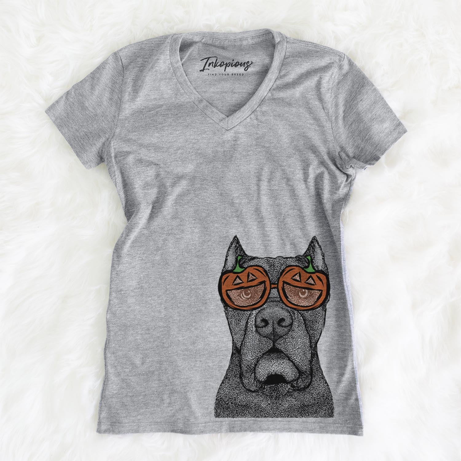 Hand-drawn sketch of Bruno the Cane Corso wearing pumpkin glasses on a Grey pumpkin collection, on a hanger