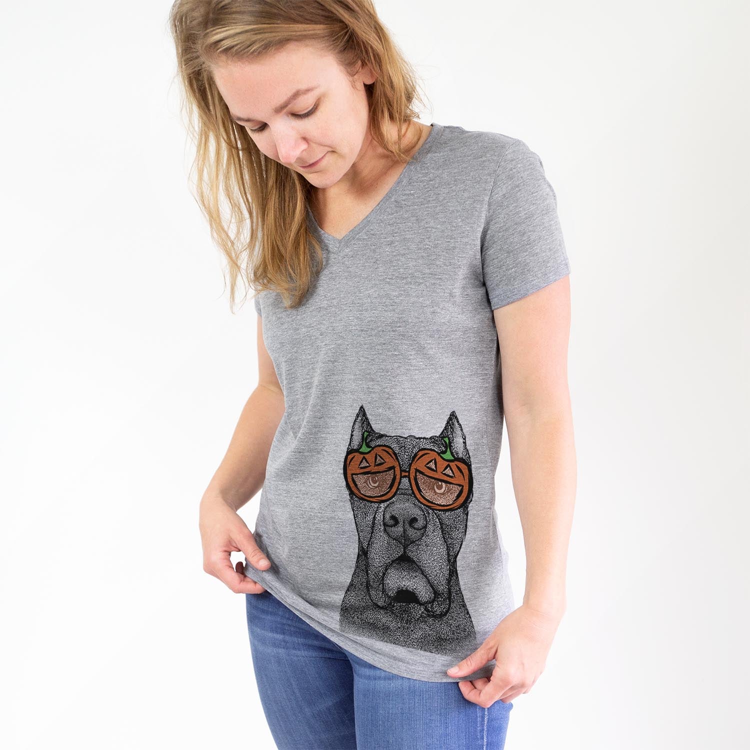 Hand-drawn sketch of Bruno the Cane Corso wearing pumpkin glasses on a Grey pumpkin collection