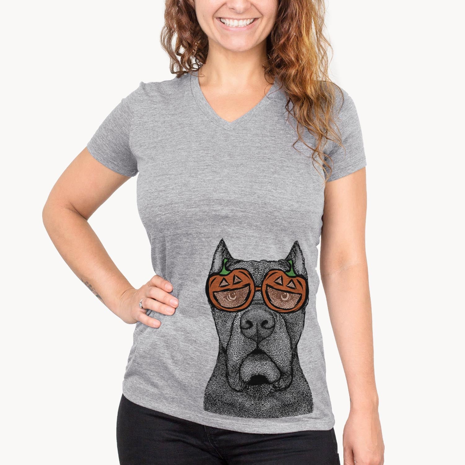 Hand-drawn sketch of Bruno the Cane Corso wearing pumpkin glasses on a Grey pumpkin collection