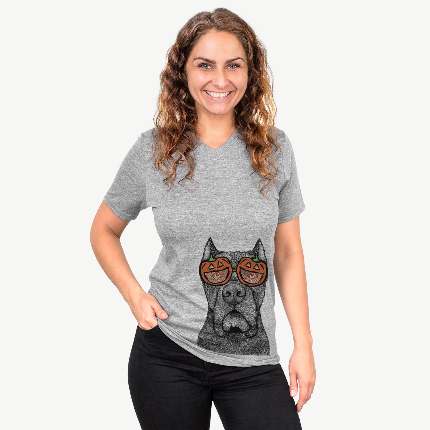 Hand-drawn sketch of Bruno the Cane Corso wearing pumpkin glasses on a Grey pumpkin collection