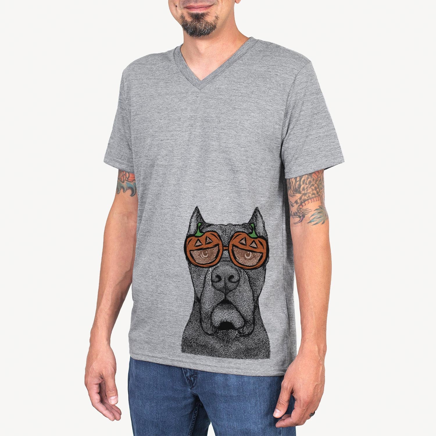 Hand-drawn sketch of Bruno the Cane Corso wearing pumpkin glasses on a Grey pumpkin collection