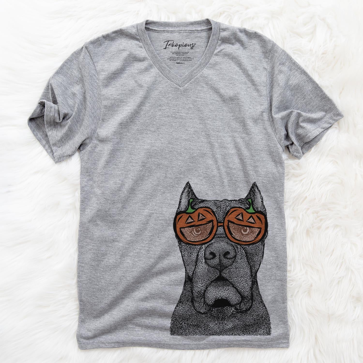 Hand-drawn sketch of Bruno the Cane Corso wearing pumpkin glasses on a Grey pumpkin collection