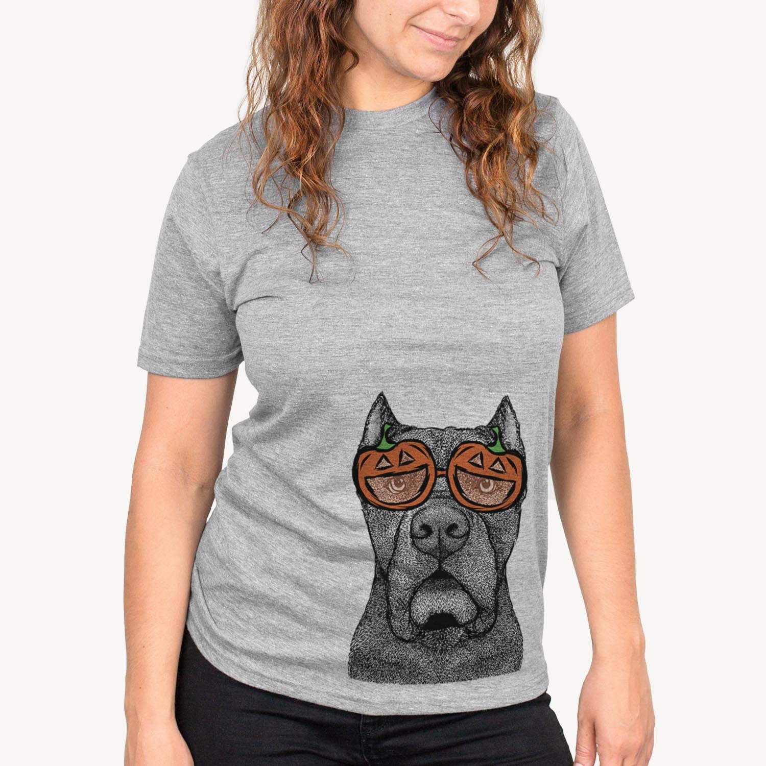 Hand-drawn sketch of Bruno the Cane Corso wearing pumpkin glasses on a Grey pumpkin collection, on a hanger