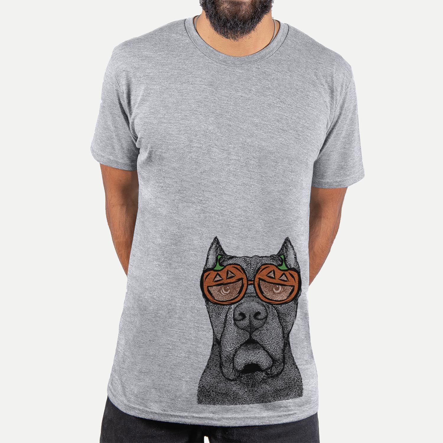 Hand-drawn sketch of Bruno the Cane Corso wearing pumpkin glasses on a Grey pumpkin collection, hanging on a wall
