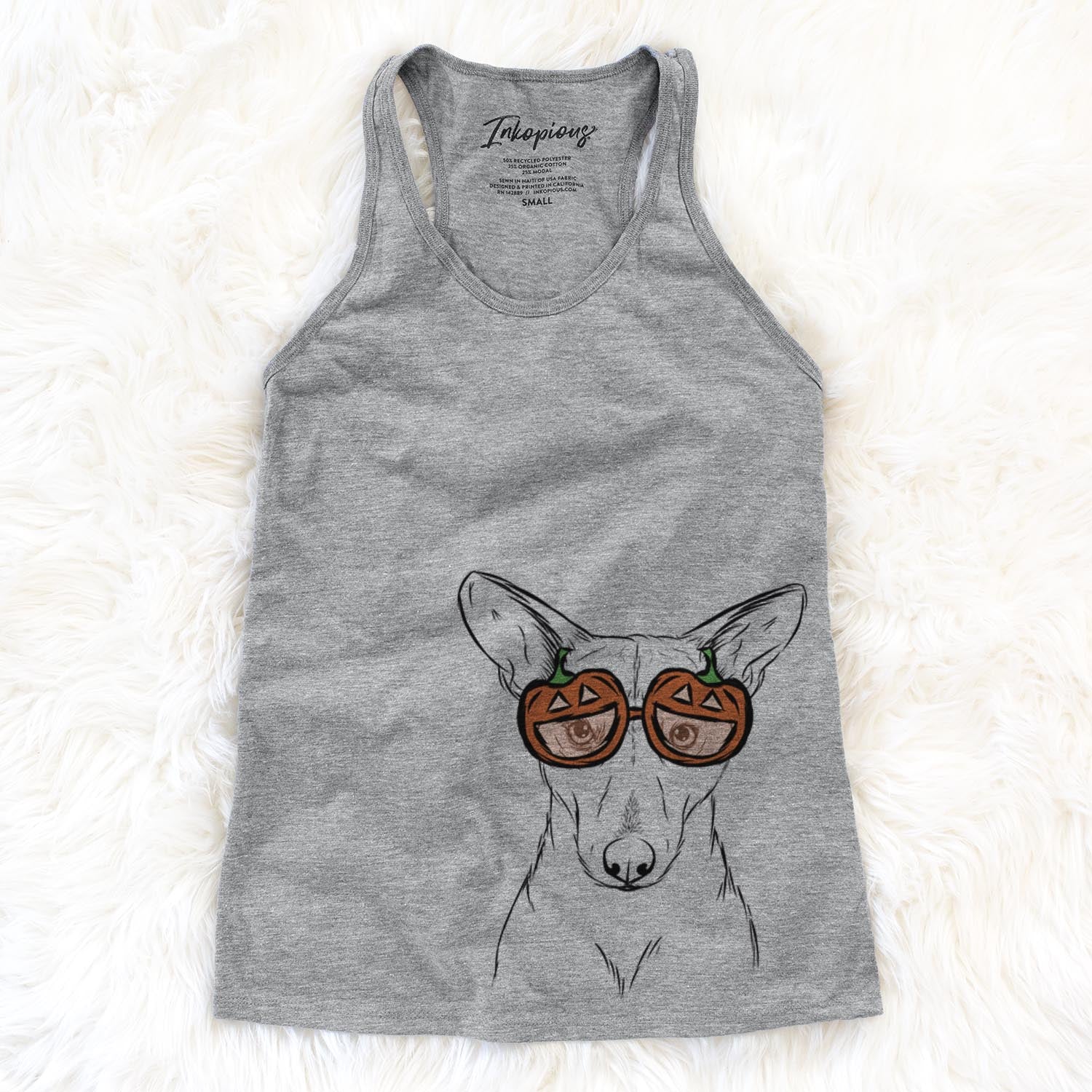 Hand-drawn sketch of Buff the Dorgi wearing pumpkin glasses on a Grey pumpkin collection