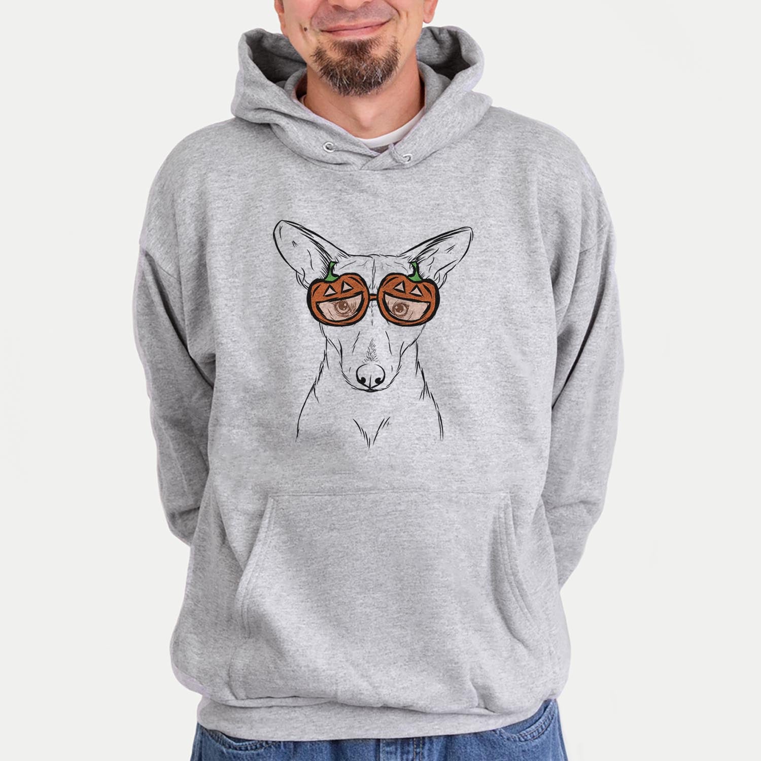 Hand-drawn sketch of Buff the Dorgi wearing pumpkin glasses on a Grey pumpkin collection, hanging on a wall