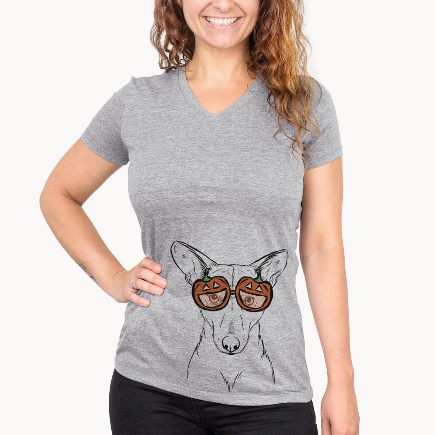 Hand-drawn sketch of Buff the Dorgi wearing pumpkin glasses on a Grey pumpkin collection