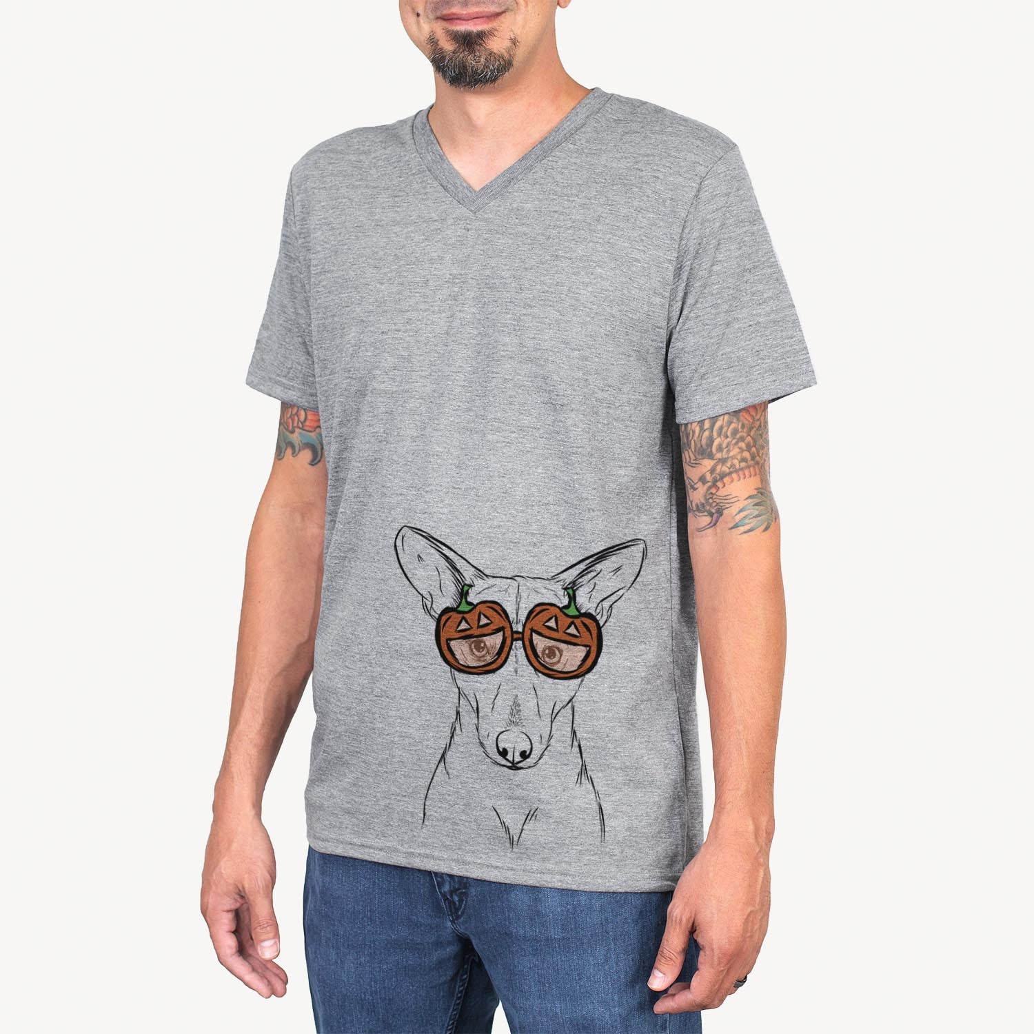 Hand-drawn sketch of Buff the Dorgi wearing pumpkin glasses on a Grey pumpkin collection