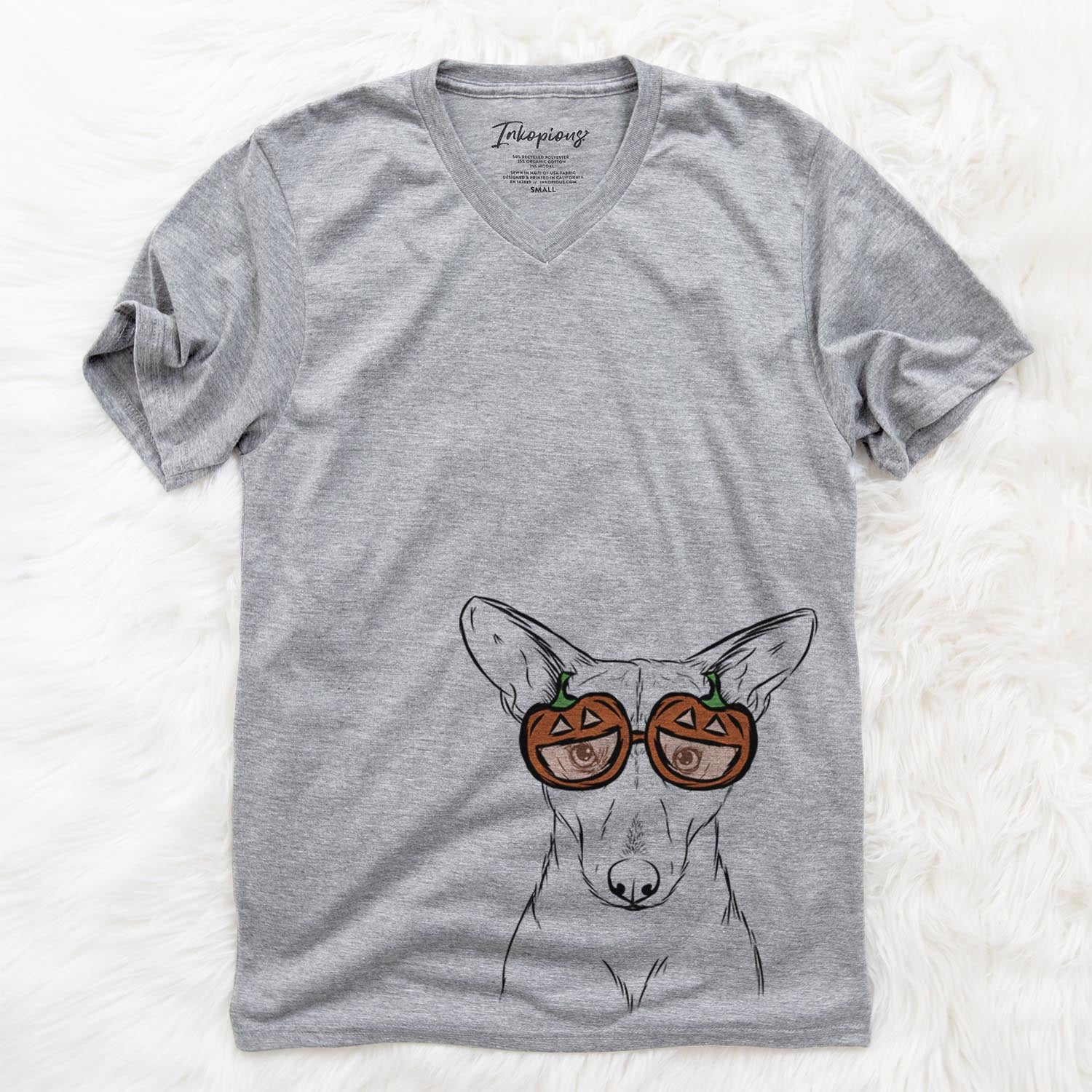 Hand-drawn sketch of Buff the Dorgi wearing pumpkin glasses on a Grey pumpkin collection