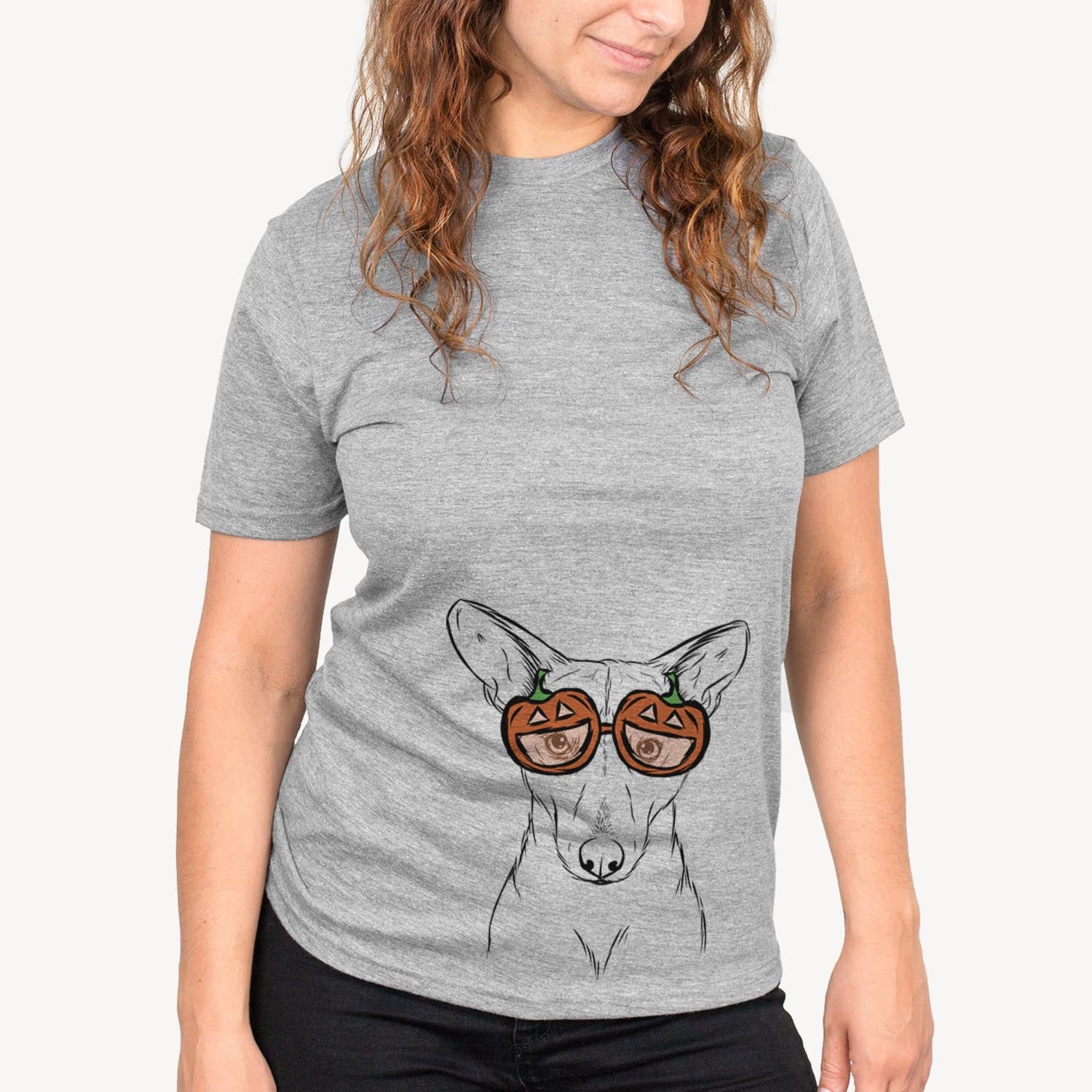 Hand-drawn sketch of Buff the Dorgi wearing pumpkin glasses on a Grey pumpkin collection, on a hanger