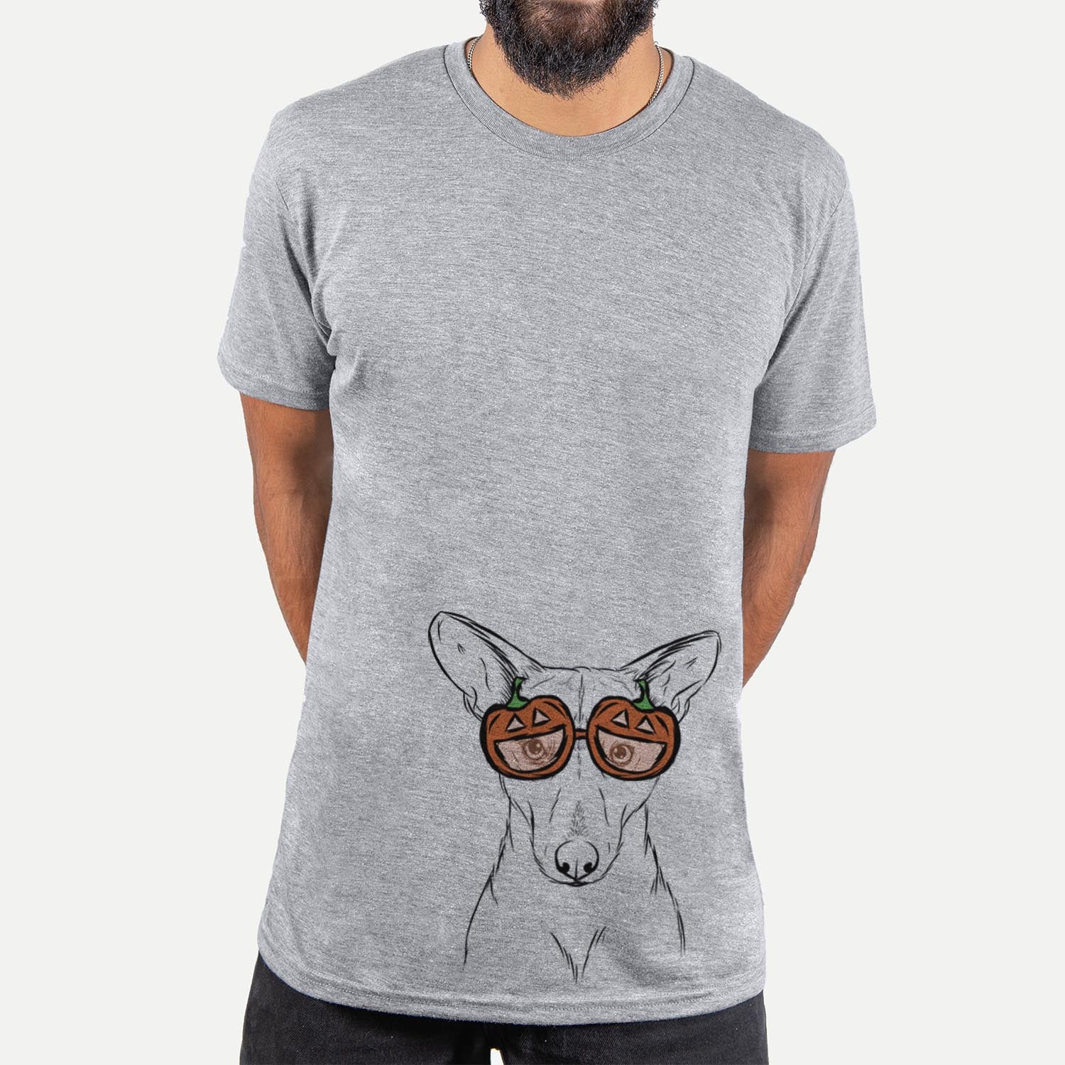 Hand-drawn sketch of Buff the Dorgi wearing pumpkin glasses on a Grey pumpkin collection, hanging on a wall