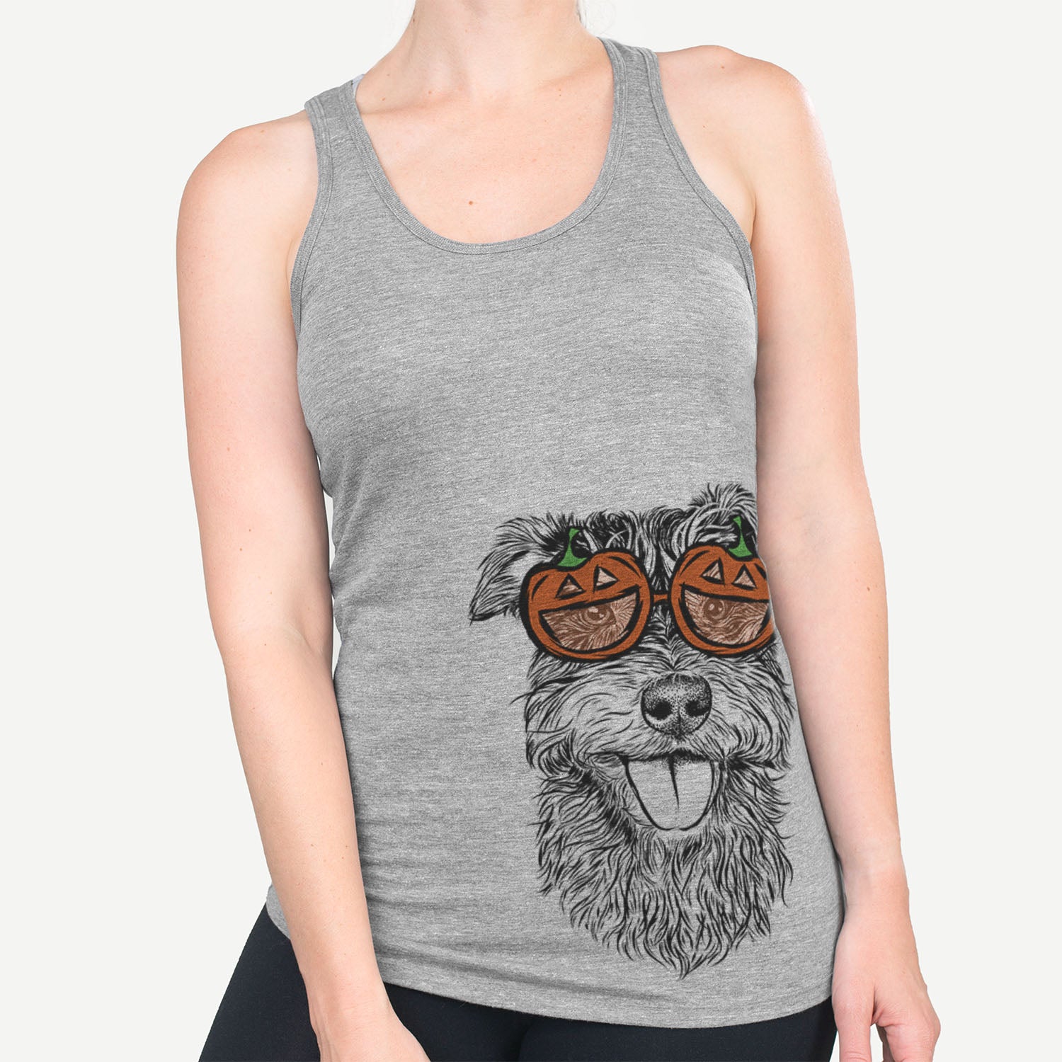 Hand-drawn sketch of Buster the Schnoodle wearing pumpkin glasses on a Grey pumpkin collection