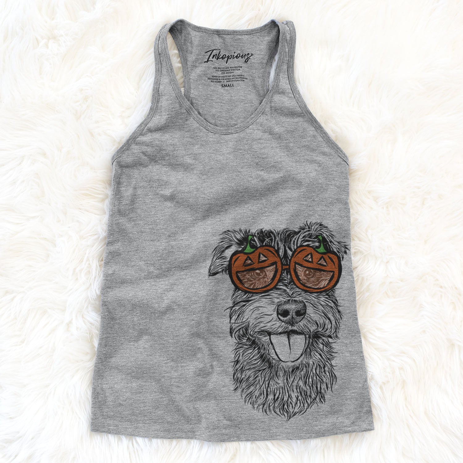Hand-drawn sketch of Buster the Schnoodle wearing pumpkin glasses on a Grey pumpkin collection