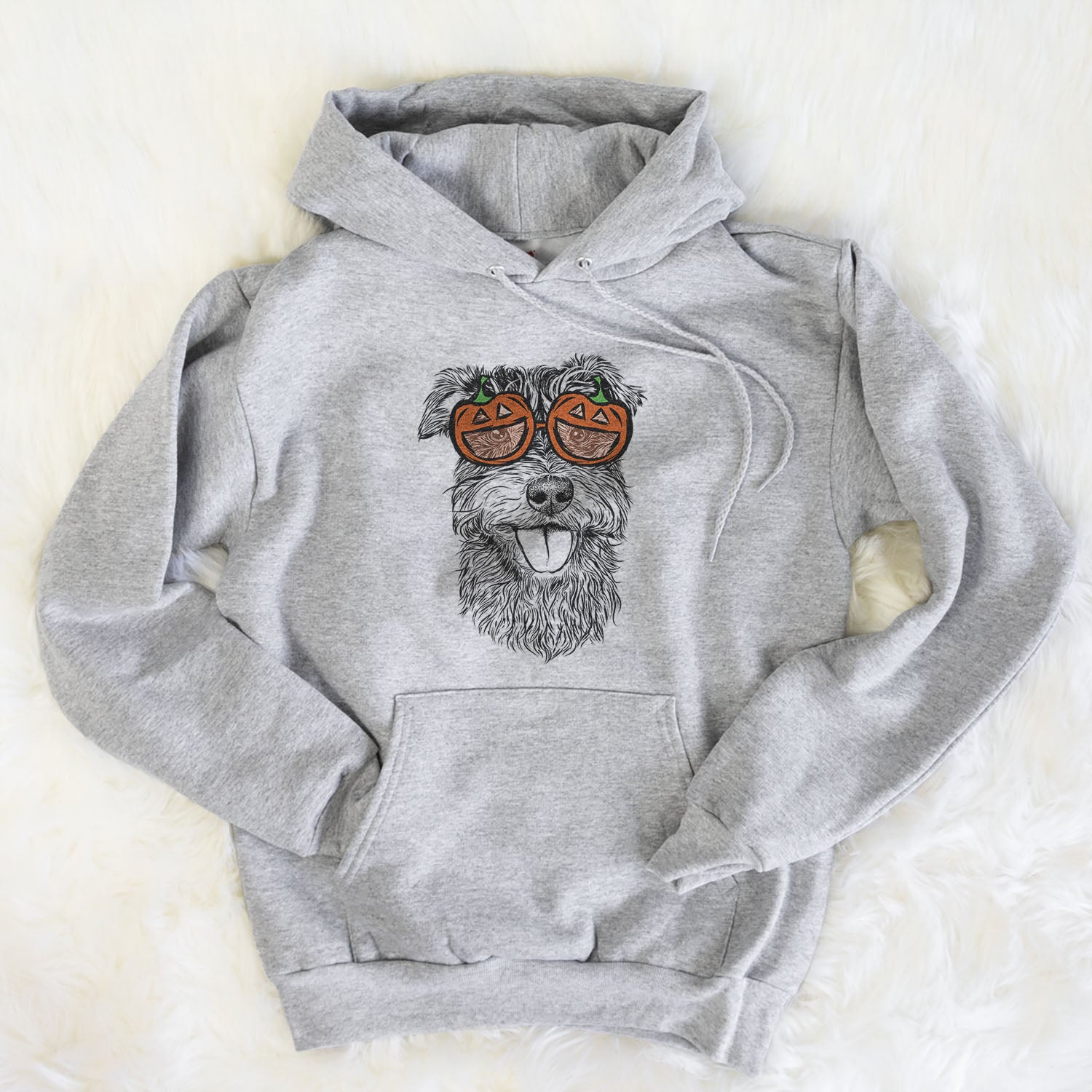 Hand-drawn sketch of Buster the Schnoodle wearing pumpkin glasses on a Grey pumpkin collection, flat lay
