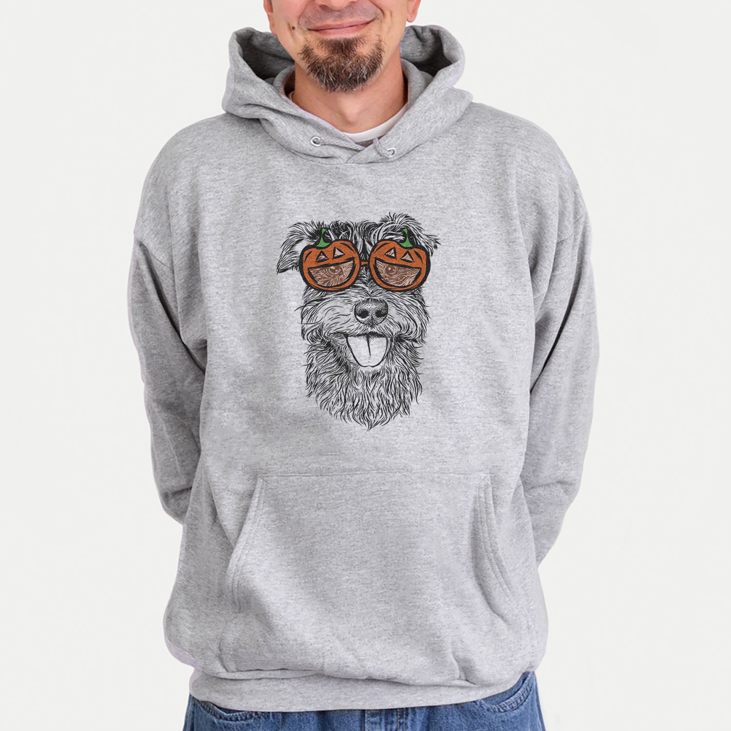 Hand-drawn sketch of Buster the Schnoodle wearing pumpkin glasses on a Grey pumpkin collection, hanging on a wall