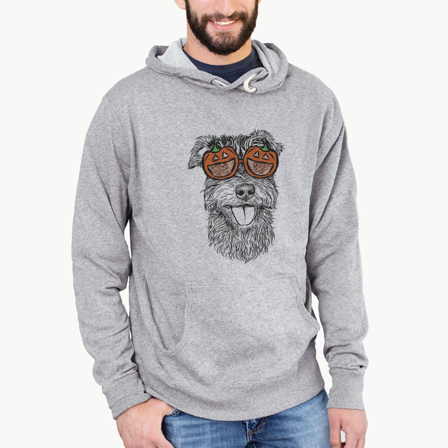 Hand-drawn sketch of Buster the Schnoodle wearing pumpkin glasses on a Grey pumpkin collection