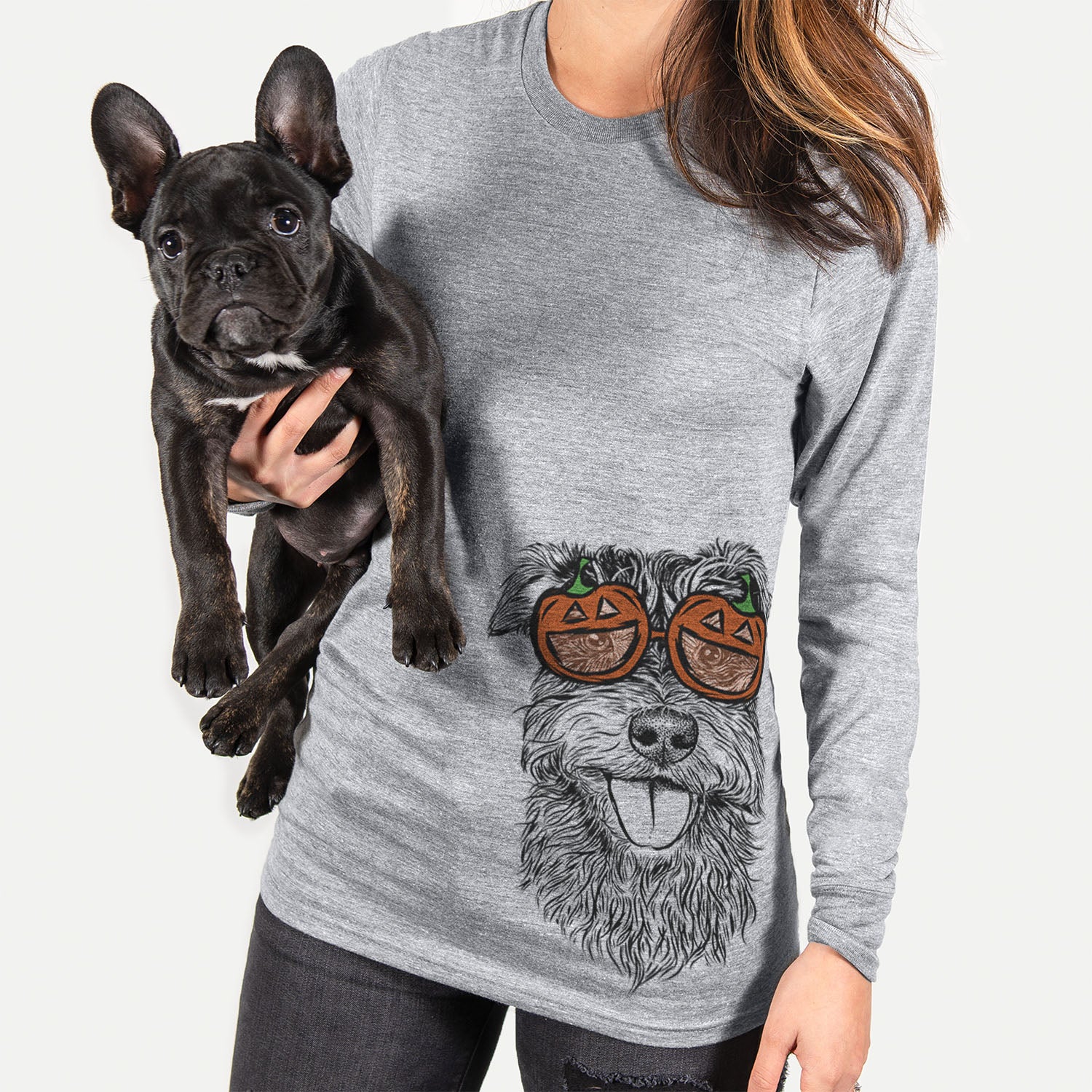 Hand-drawn sketch of Buster the Schnoodle wearing pumpkin glasses on a Grey pumpkin collection