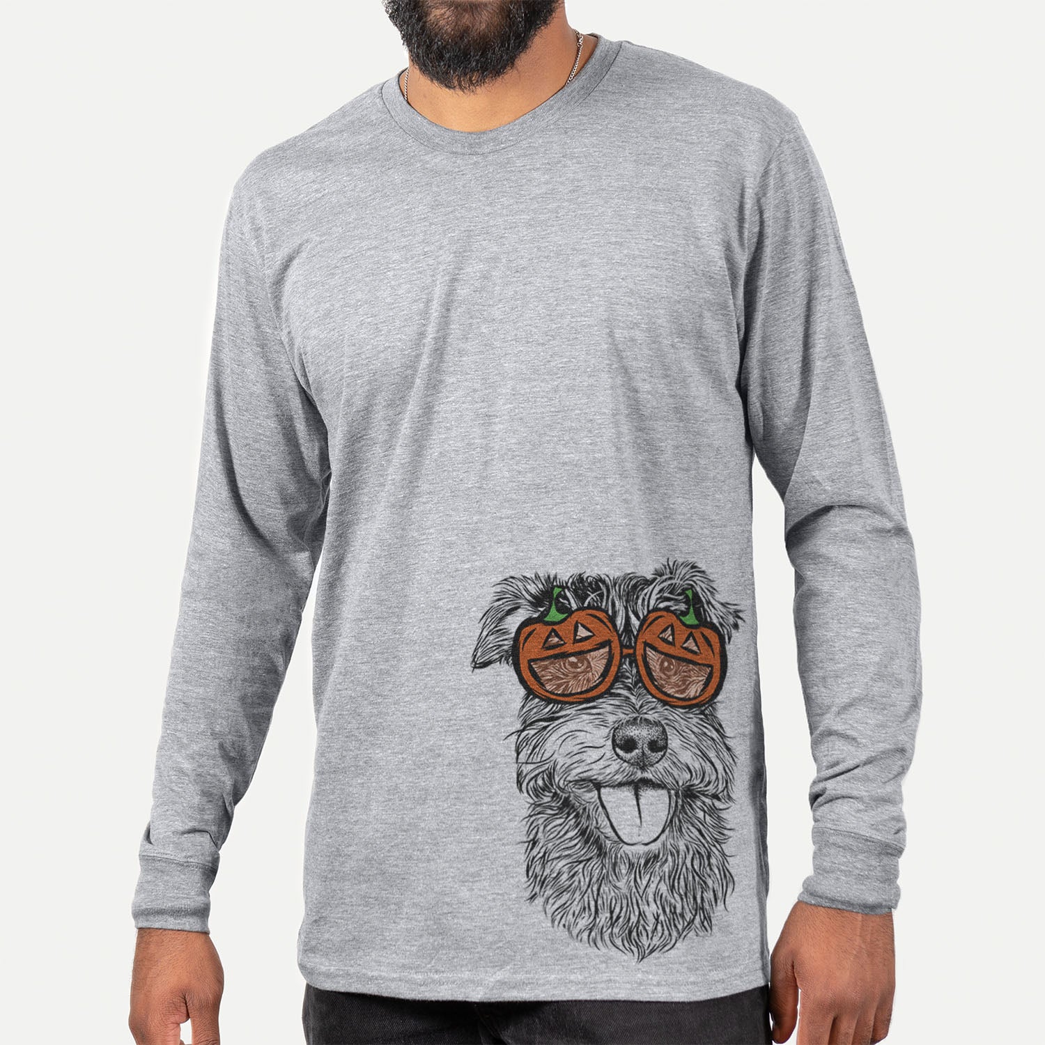 Hand-drawn sketch of Buster the Schnoodle wearing pumpkin glasses on a Grey pumpkin collection, hanging on a wall