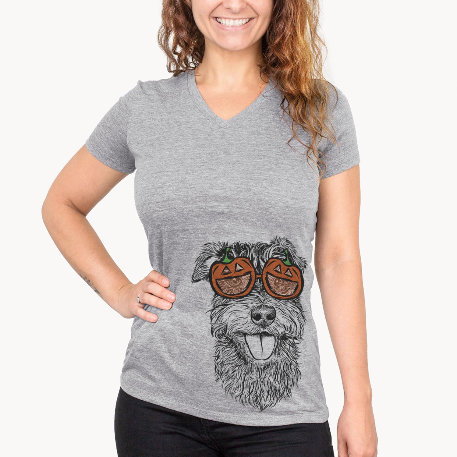 Hand-drawn sketch of Buster the Schnoodle wearing pumpkin glasses on a Grey pumpkin collection