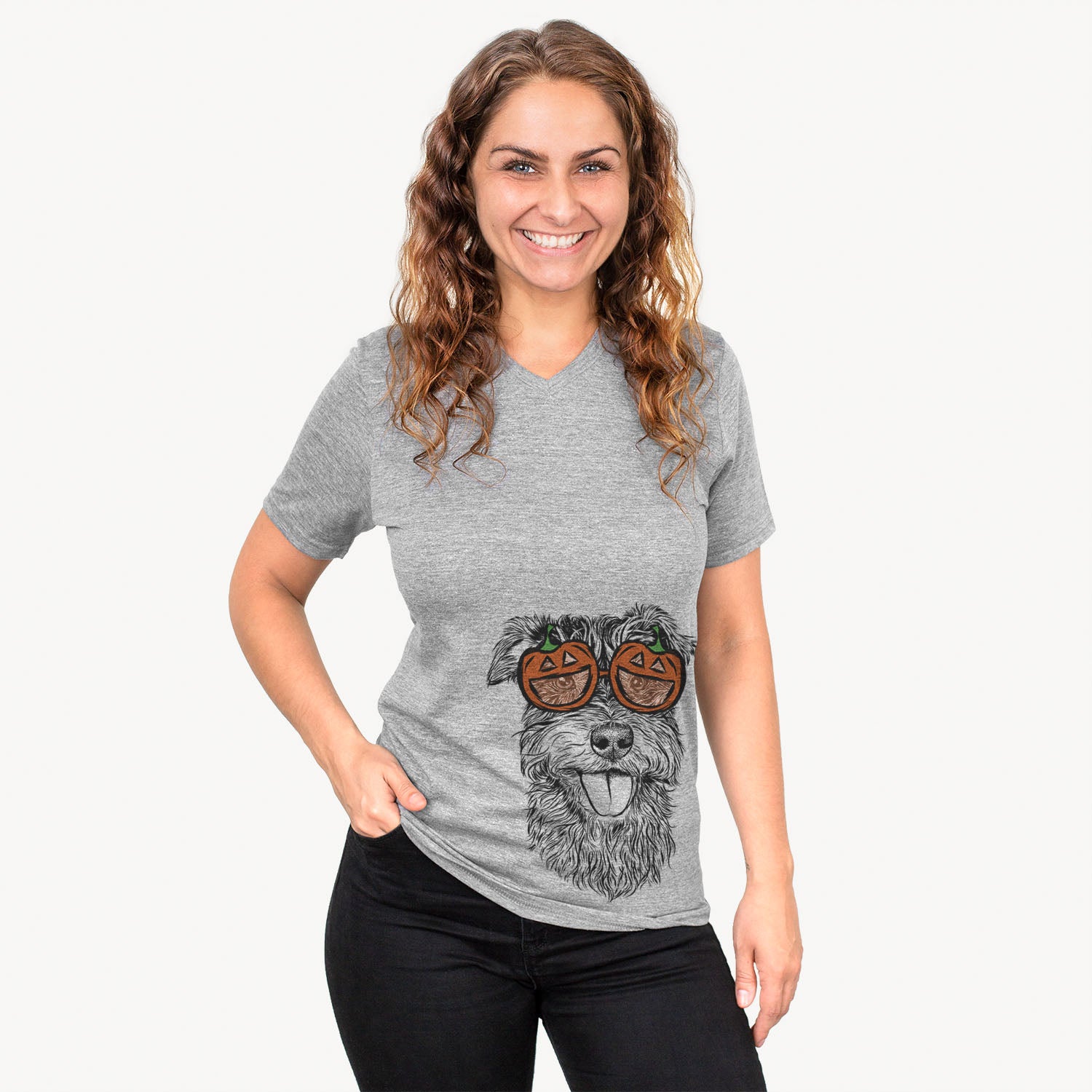 Hand-drawn sketch of Buster the Schnoodle wearing pumpkin glasses on a Grey pumpkin collection