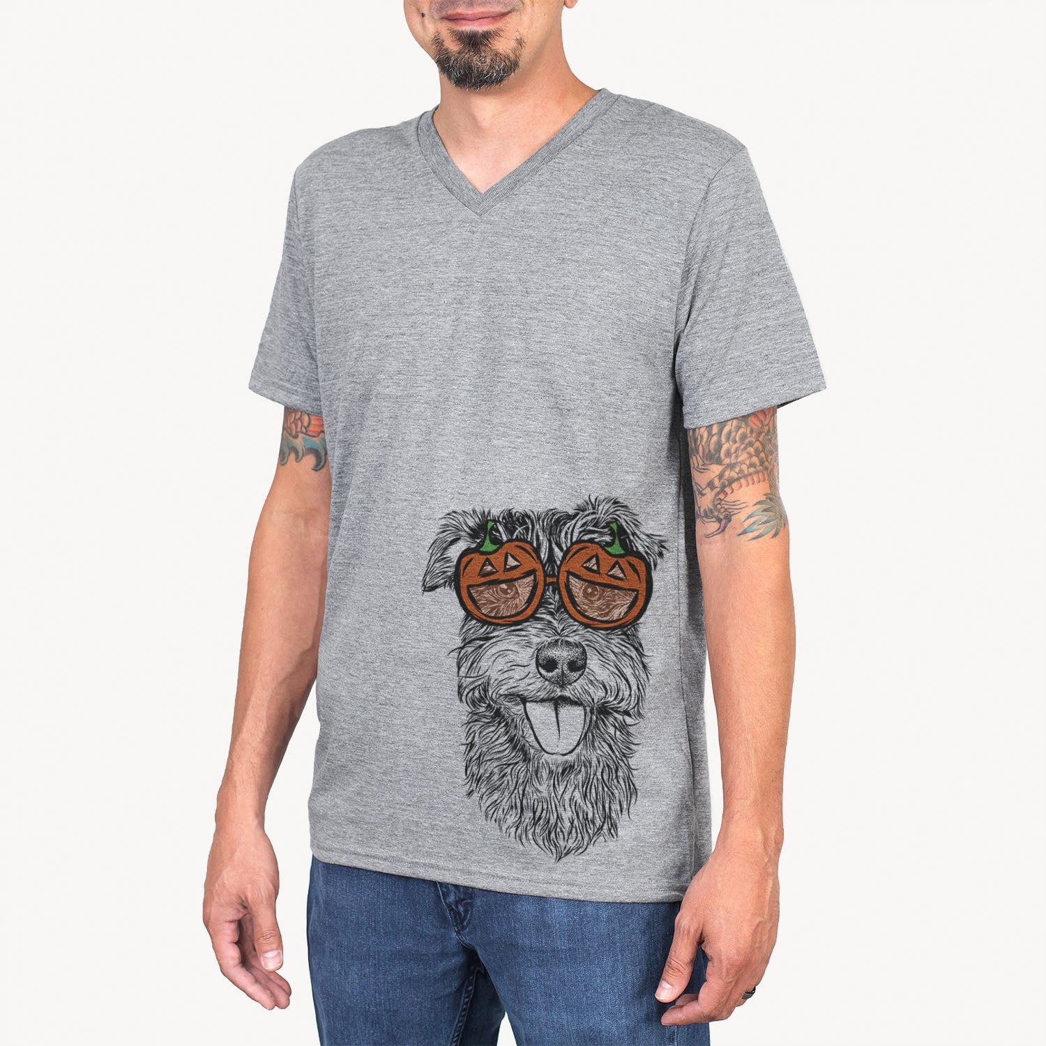Hand-drawn sketch of Buster the Schnoodle wearing pumpkin glasses on a Grey pumpkin collection