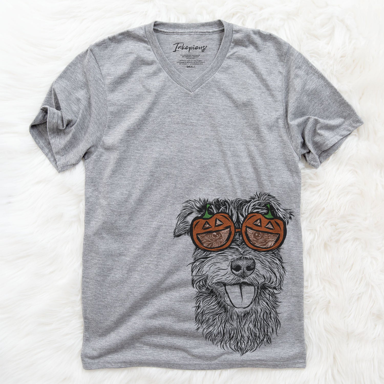 Hand-drawn sketch of Buster the Schnoodle wearing pumpkin glasses on a Grey pumpkin collection