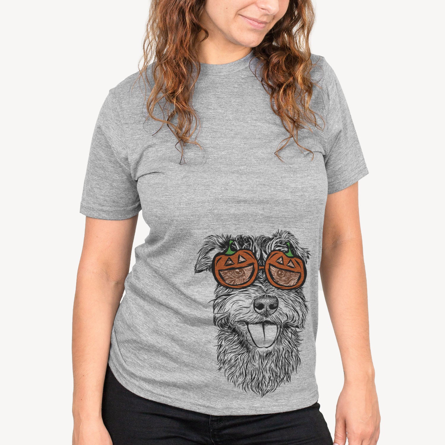 Hand-drawn sketch of Buster the Schnoodle wearing pumpkin glasses on a Grey pumpkin collection, on a hanger