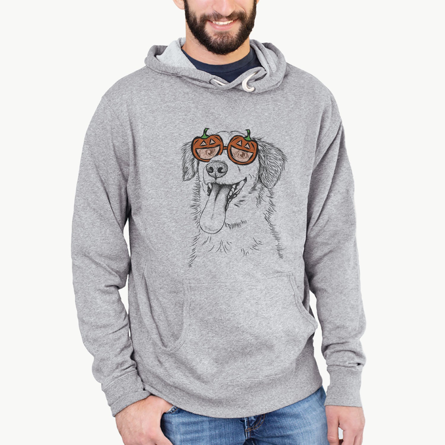 Hand-drawn sketch of Charles Xavier the Mixed Breed wearing pumpkin glasses on a Grey pumpkin collection
