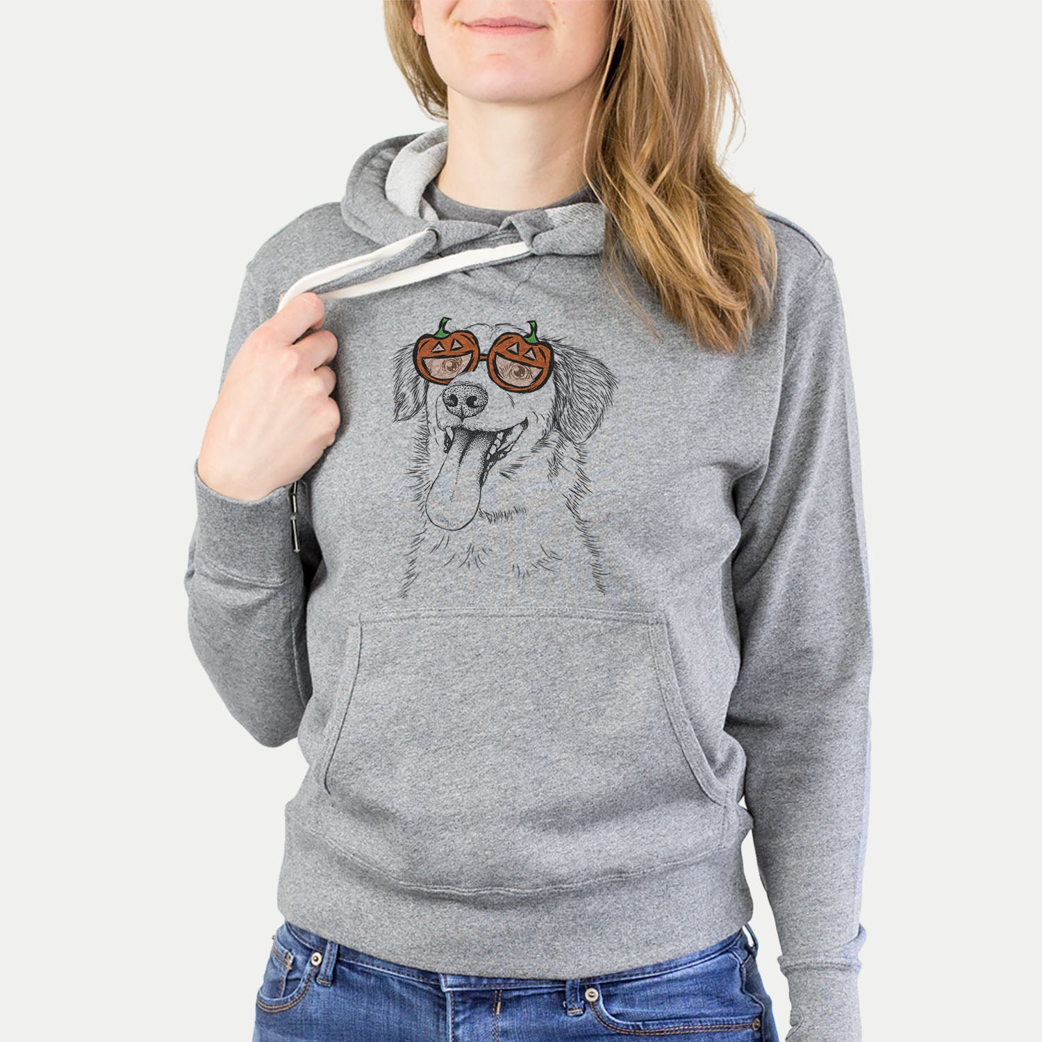 Hand-drawn sketch of Charles Xavier the Mixed Breed wearing pumpkin glasses on a Grey pumpkin collection, hanging on a wall