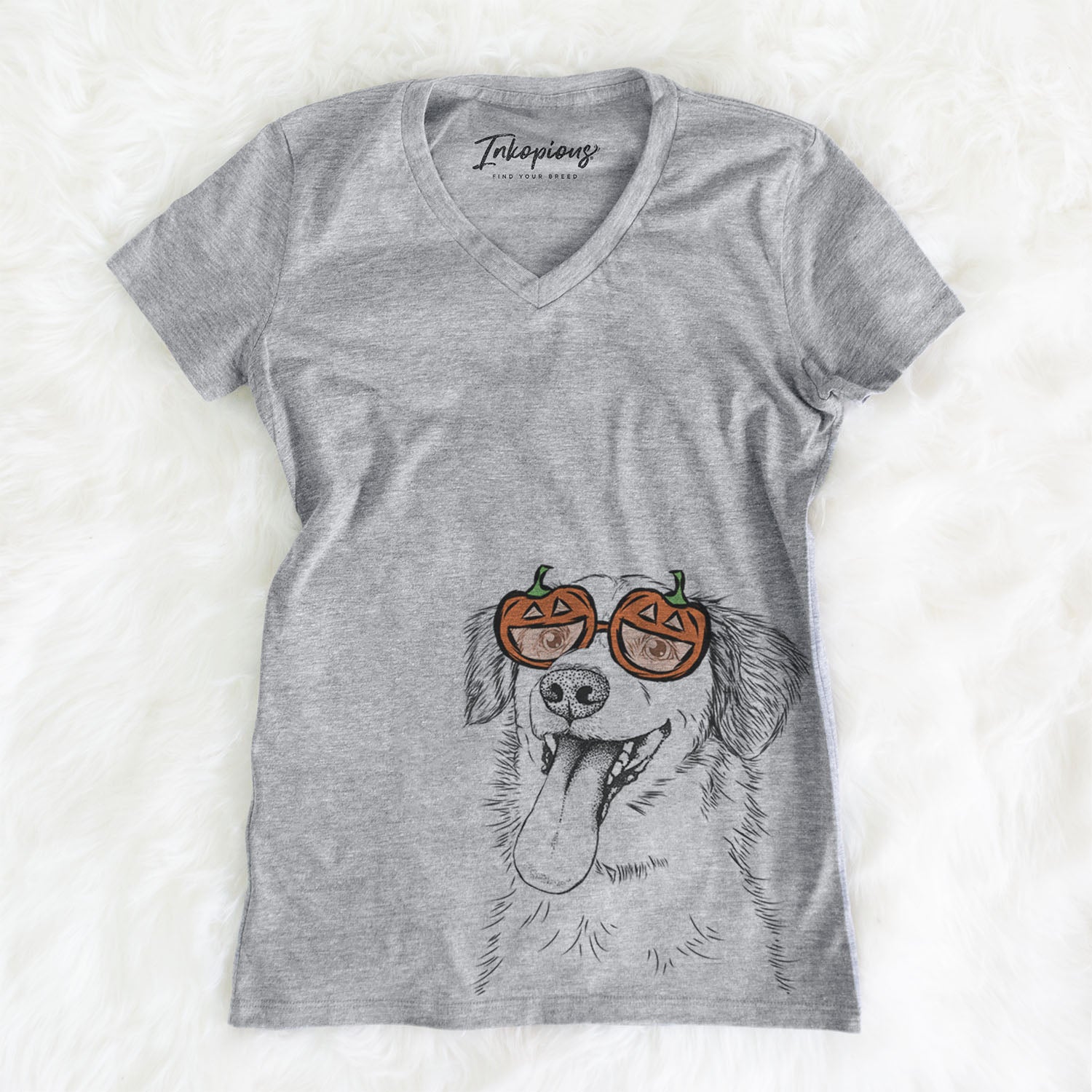Hand-drawn sketch of Charles Xavier the Mixed Breed wearing pumpkin glasses on a Grey pumpkin collection, on a hanger