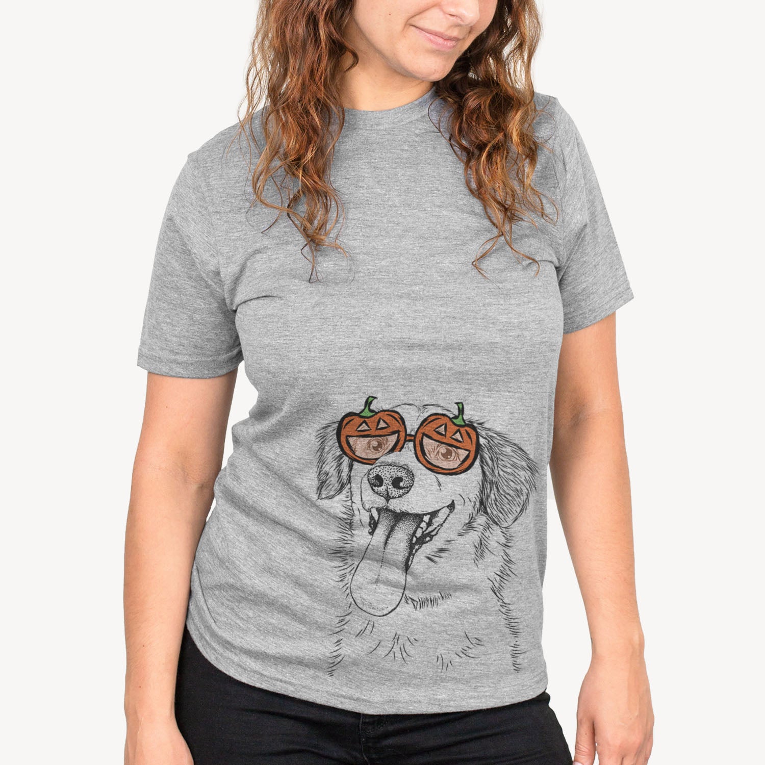 Hand-drawn sketch of Charles Xavier the Mixed Breed wearing pumpkin glasses on a Grey pumpkin collection, on a hanger