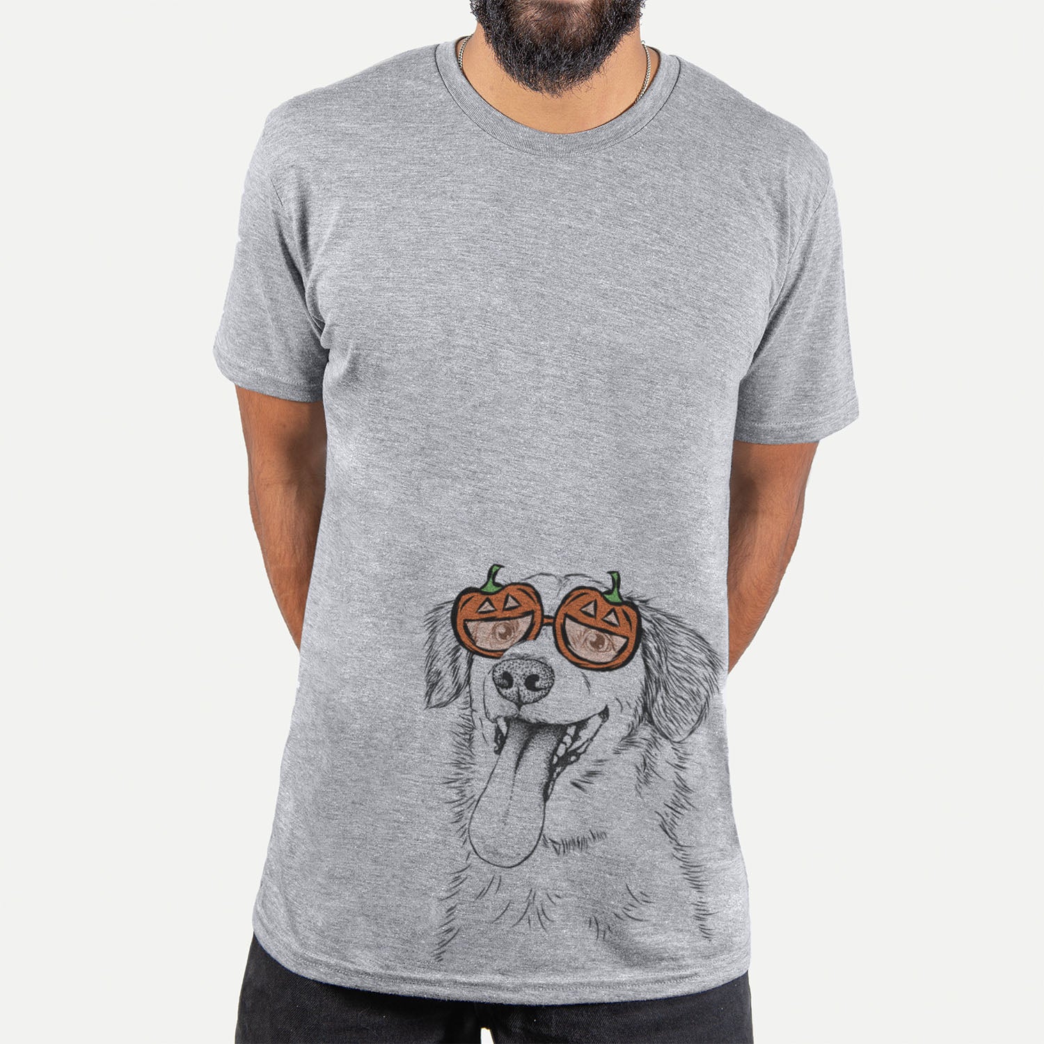 Hand-drawn sketch of Charles Xavier the Mixed Breed wearing pumpkin glasses on a Grey pumpkin collection, hanging on a wall