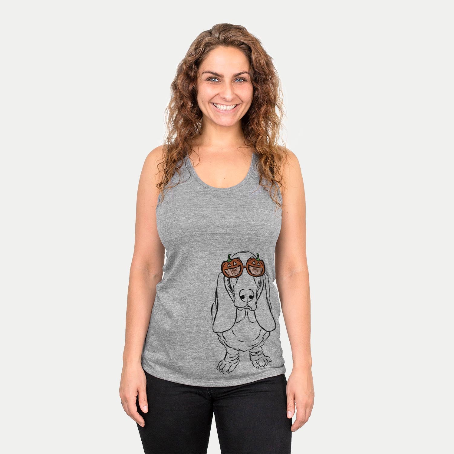Hand-drawn sketch of Charlie the Basset Hound wearing pumpkin glasses on a Grey pumpkin collection