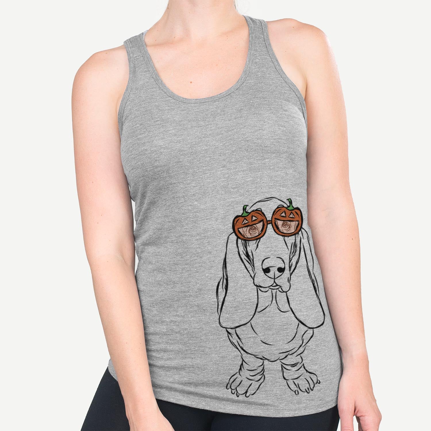 Hand-drawn sketch of Charlie the Basset Hound wearing pumpkin glasses on a Grey pumpkin collection