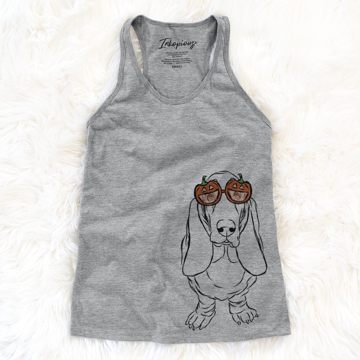 Hand-drawn sketch of Charlie the Basset Hound wearing pumpkin glasses on a Grey pumpkin collection