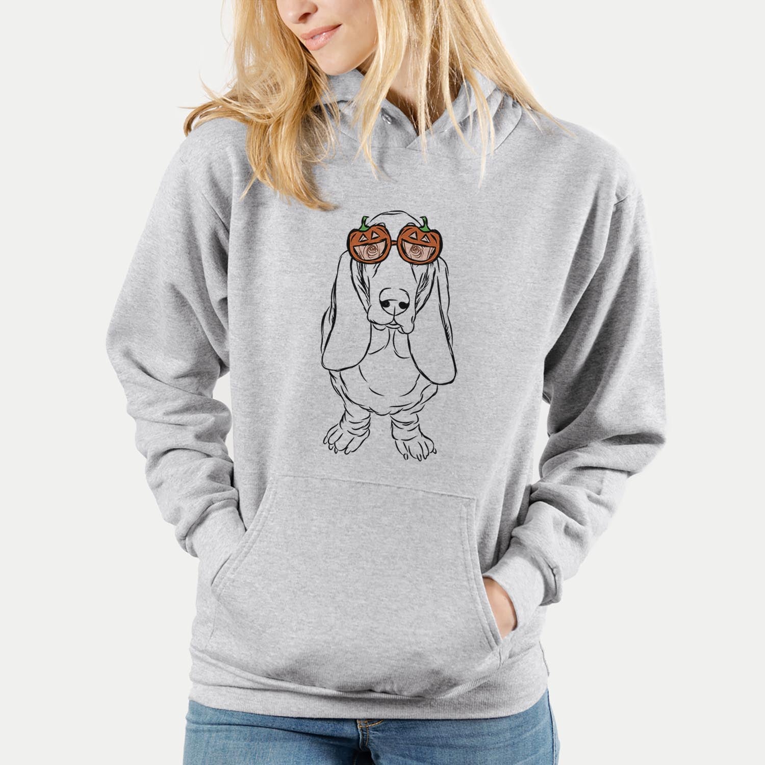 Hand-drawn sketch of Charlie the Basset Hound wearing pumpkin glasses on a Grey pumpkin collection