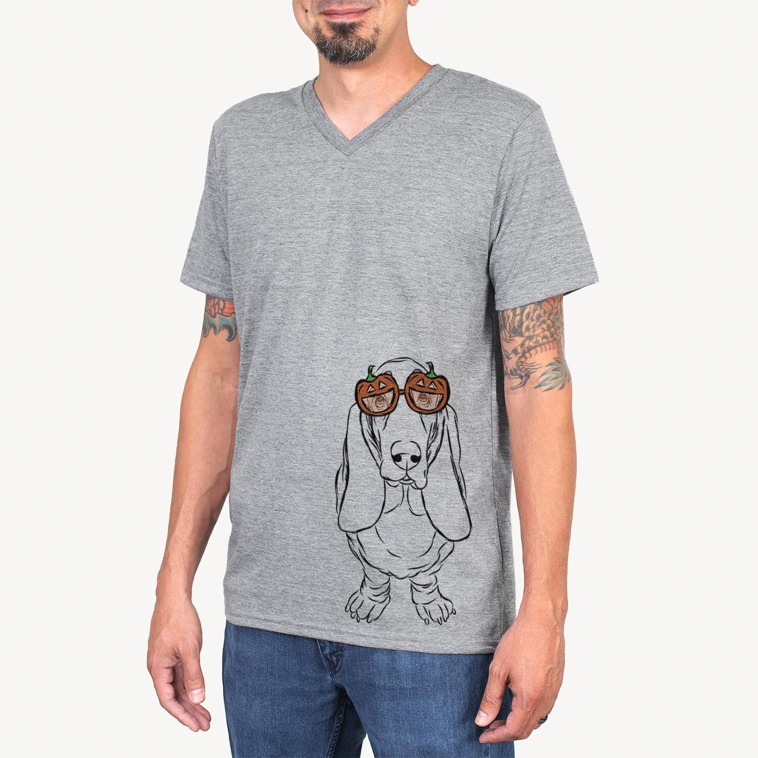 Hand-drawn sketch of Charlie the Basset Hound wearing pumpkin glasses on a Grey pumpkin collection