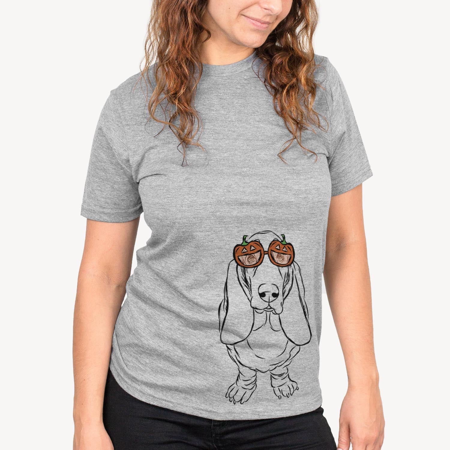 Hand-drawn sketch of Charlie the Basset Hound wearing pumpkin glasses on a Grey pumpkin collection, on a hanger