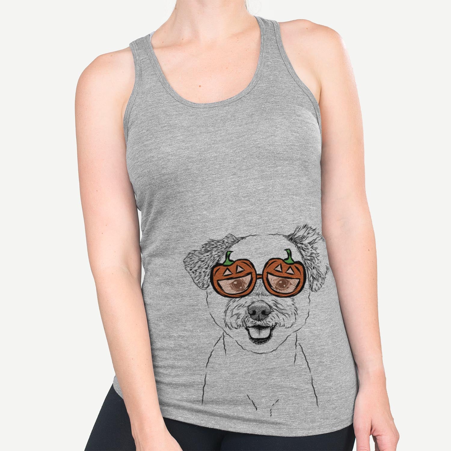 Hand-drawn sketch of Chippy the Mixed Breed wearing pumpkin glasses on a Grey pumpkin collection