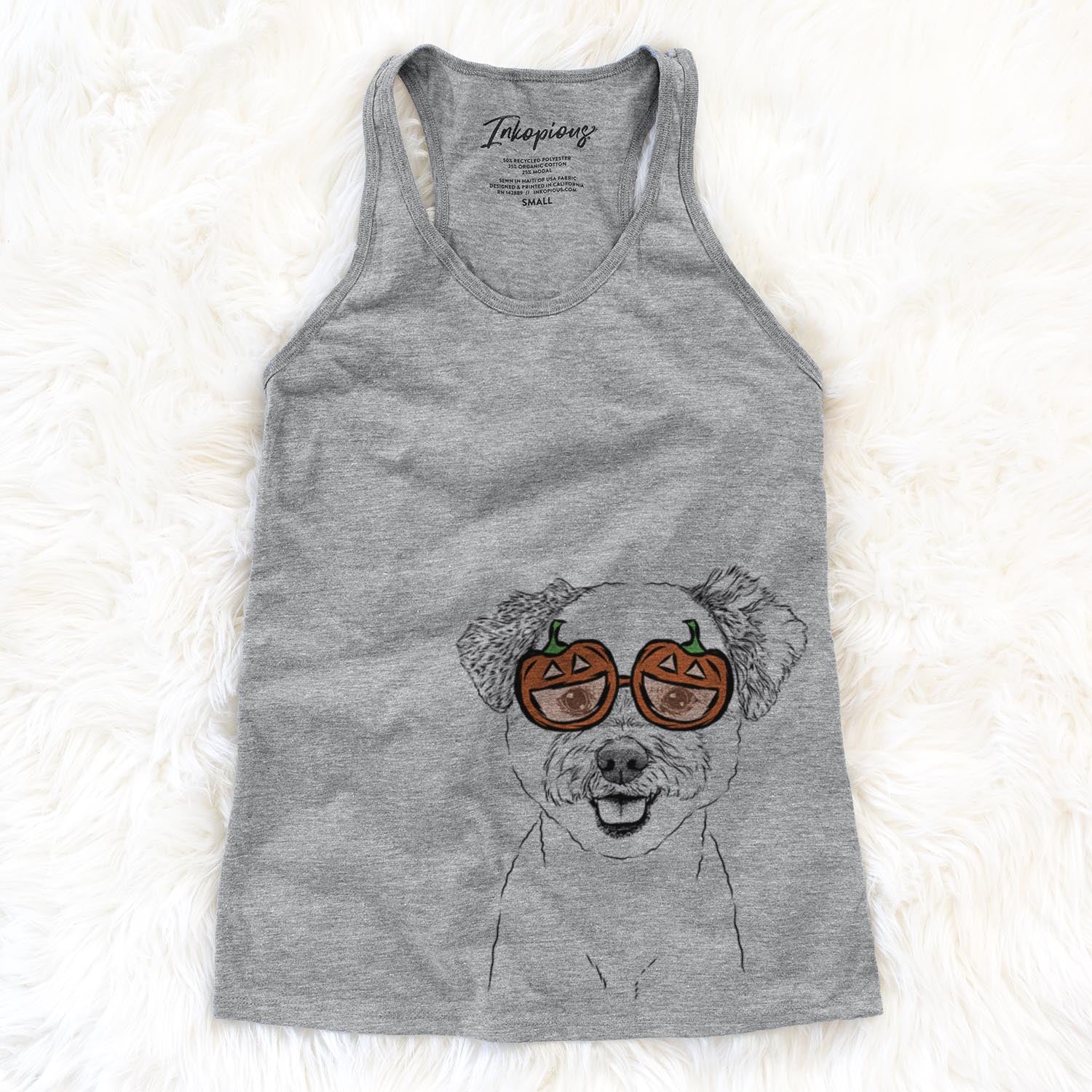 Hand-drawn sketch of Chippy the Mixed Breed wearing pumpkin glasses on a Grey pumpkin collection