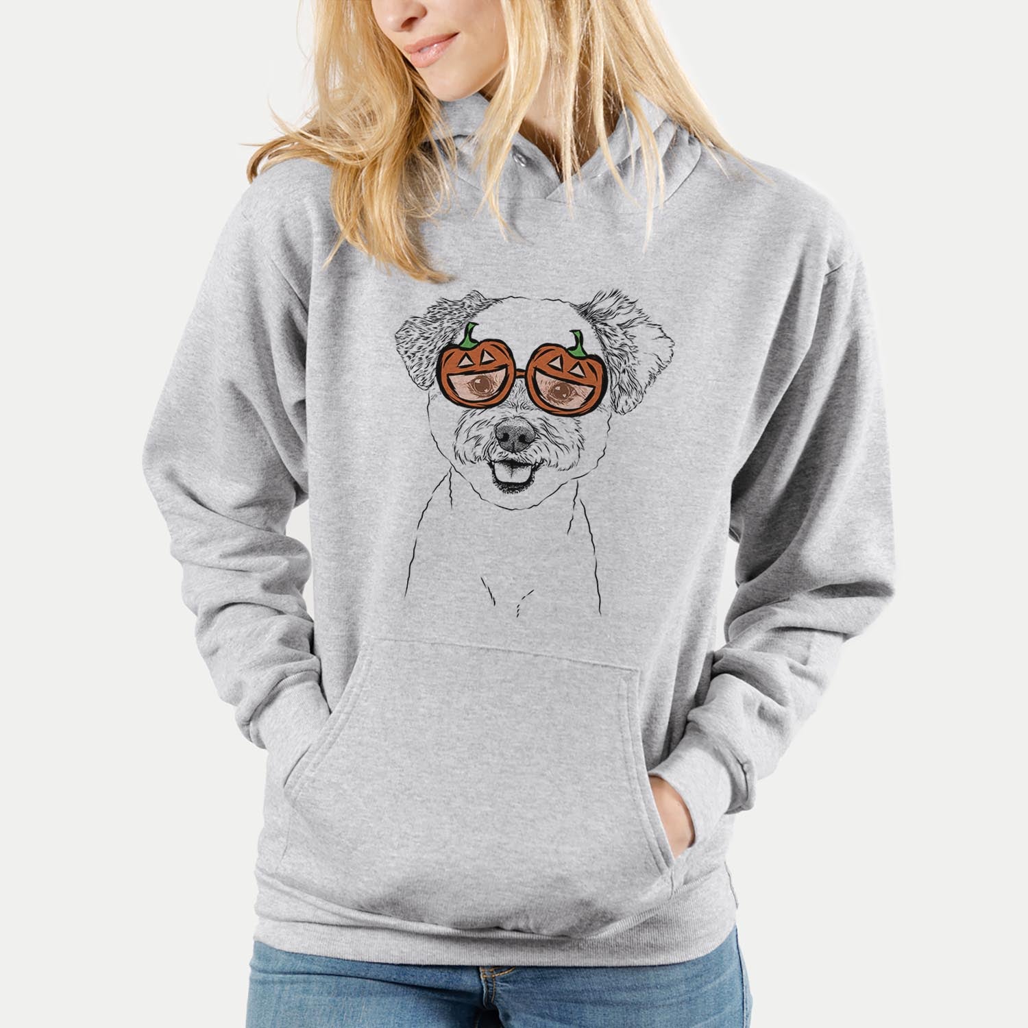 Hand-drawn sketch of Chippy the Mixed Breed wearing pumpkin glasses on a Grey pumpkin collection