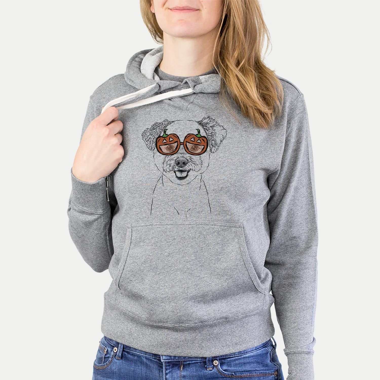 Hand-drawn sketch of Chippy the Mixed Breed wearing pumpkin glasses on a Grey pumpkin collection, hanging on a wall