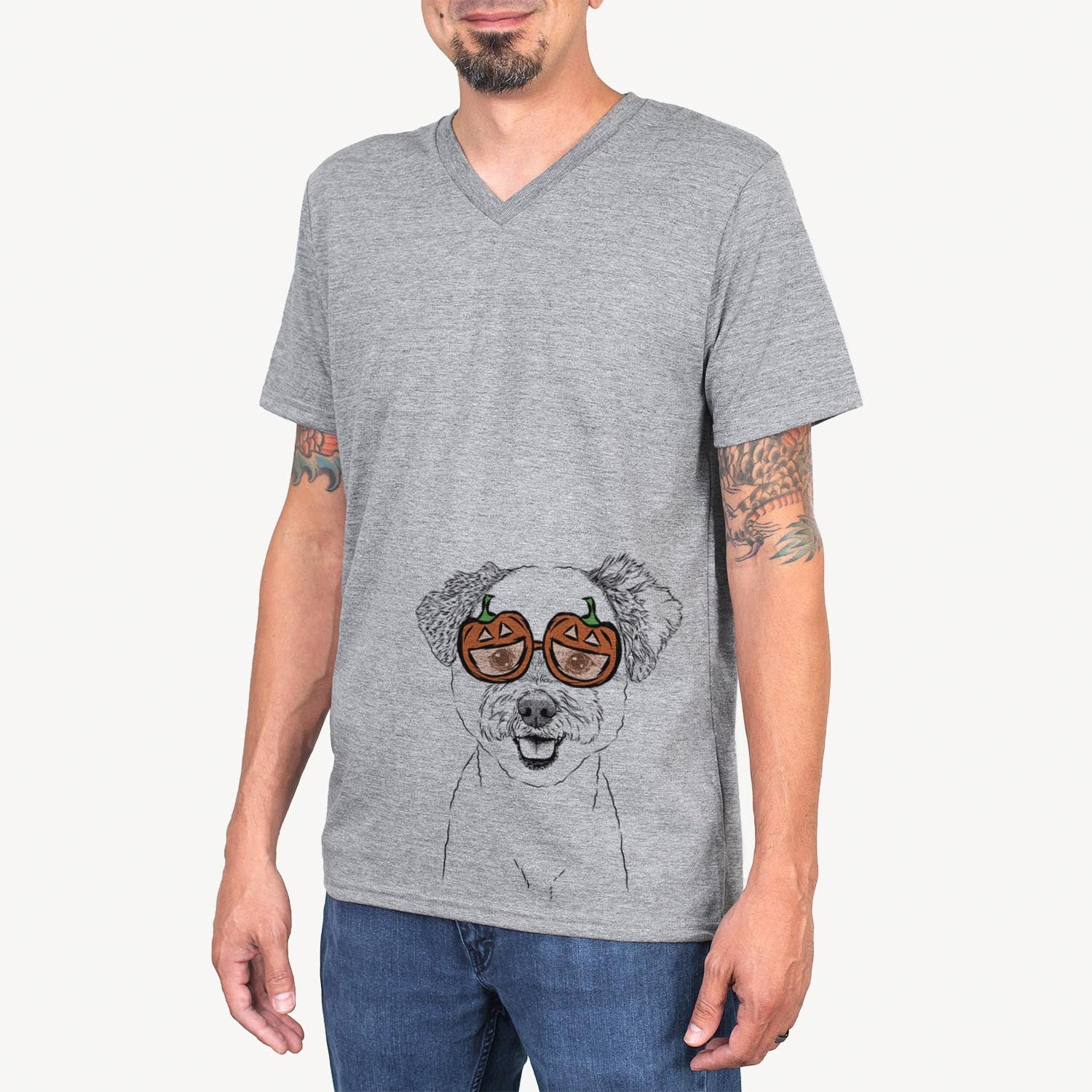 Hand-drawn sketch of Chippy the Mixed Breed wearing pumpkin glasses on a Grey pumpkin collection