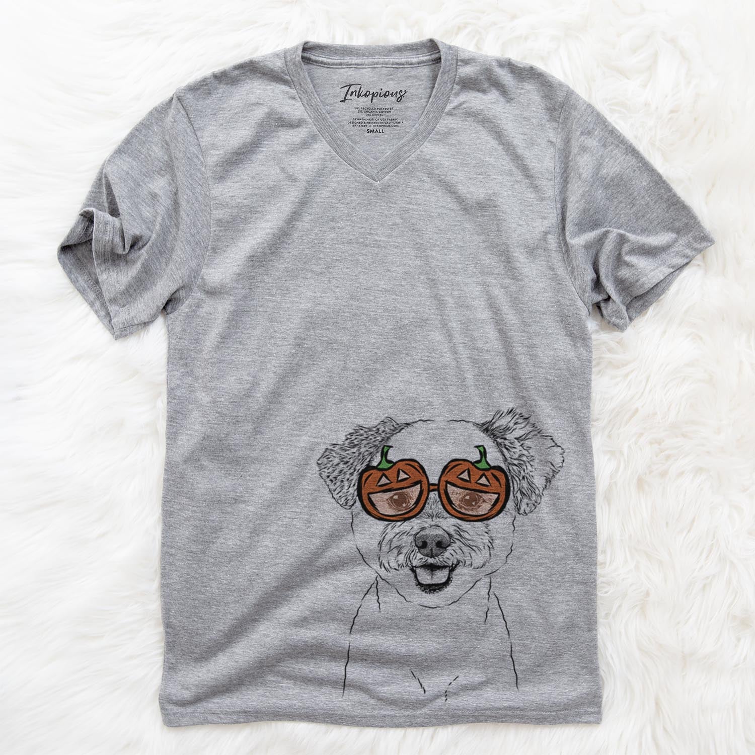 Hand-drawn sketch of Chippy the Mixed Breed wearing pumpkin glasses on a Grey pumpkin collection