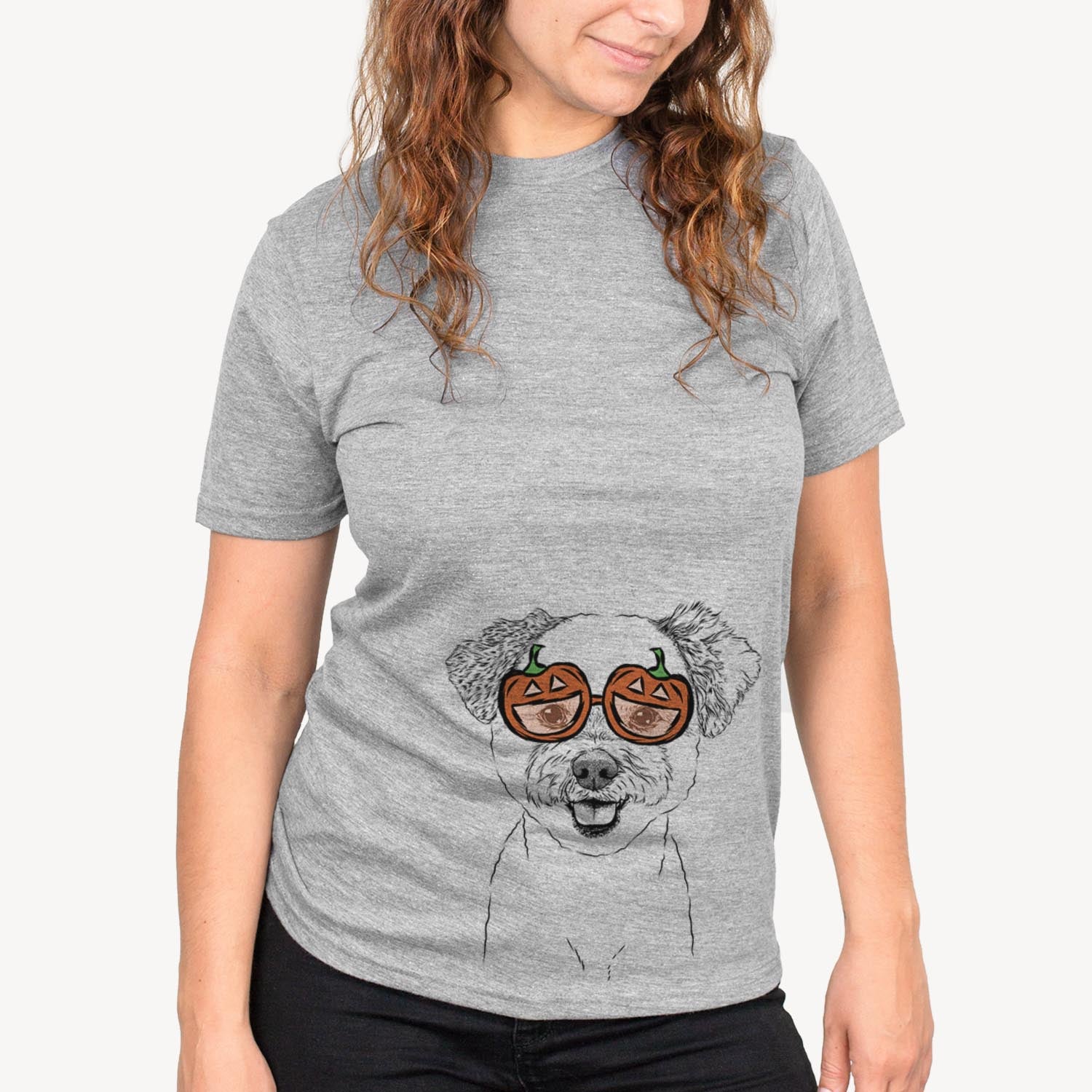 Hand-drawn sketch of Chippy the Mixed Breed wearing pumpkin glasses on a Grey pumpkin collection, on a hanger