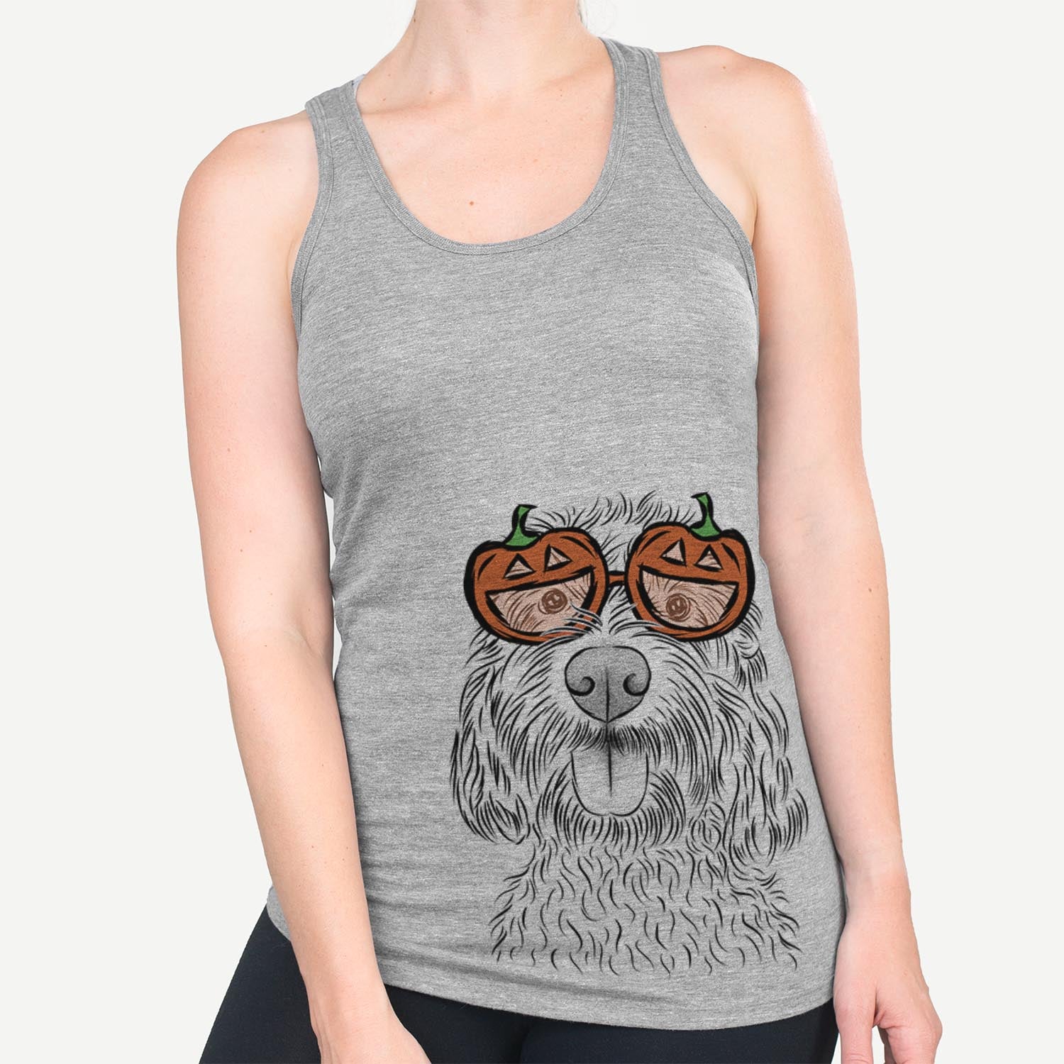 Hand-drawn sketch of Clover the Cockapoo wearing pumpkin glasses on a Grey pumpkin collection