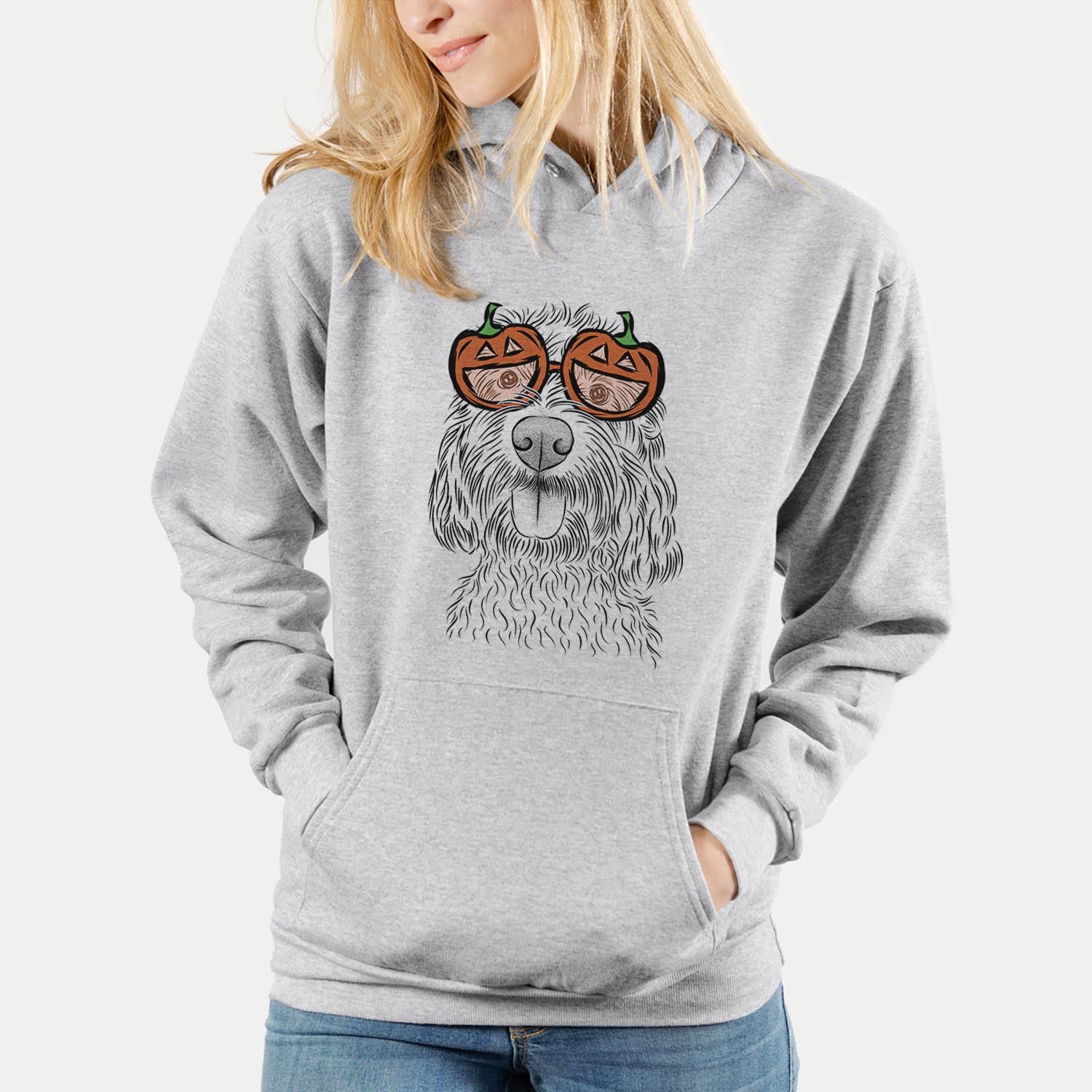 Hand-drawn sketch of Clover the Cockapoo wearing pumpkin glasses on a Grey pumpkin collection