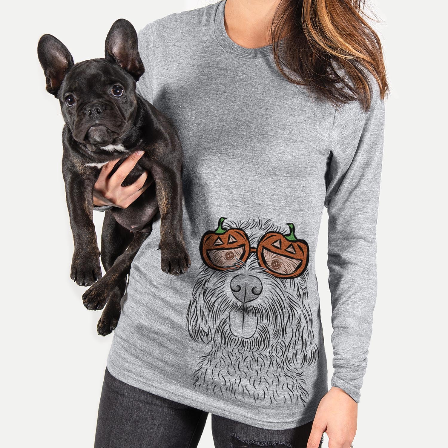 Hand-drawn sketch of Clover the Cockapoo wearing pumpkin glasses on a Grey pumpkin collection