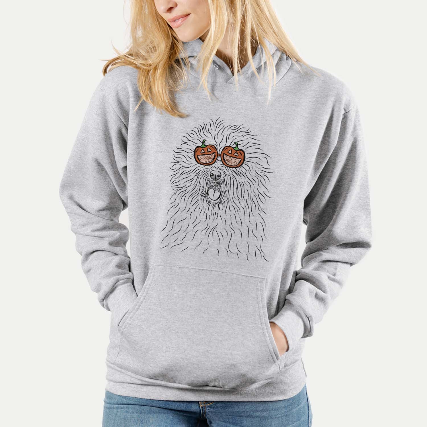 Hand-drawn sketch of Cozie the Old English Sheepdog wearing pumpkin glasses on a Grey pumpkin collection