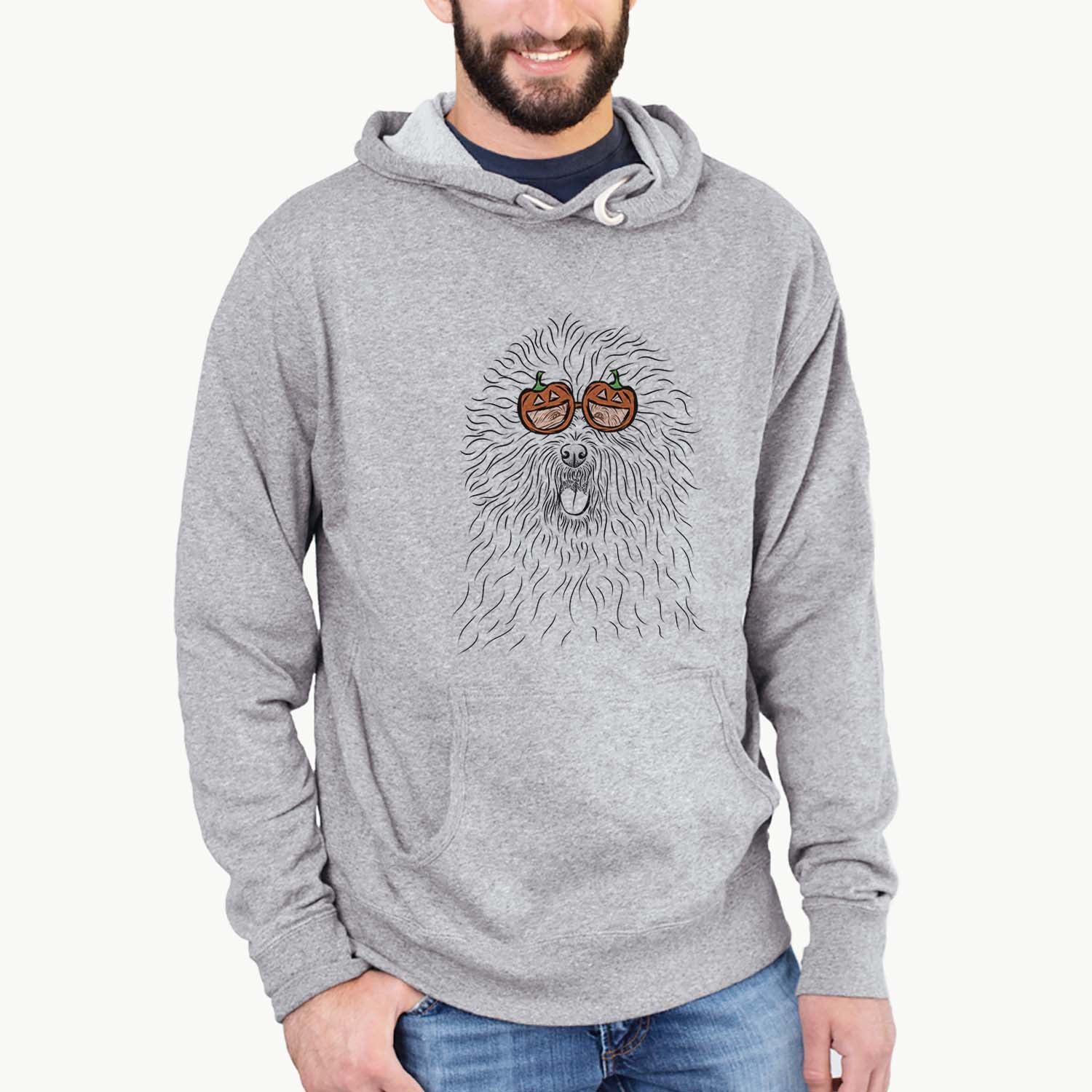 Hand-drawn sketch of Cozie the Old English Sheepdog wearing pumpkin glasses on a Grey pumpkin collection